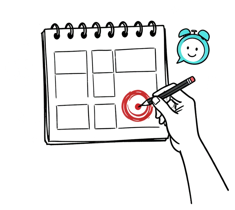 Drawing of a hand circling a day on a calendar in red