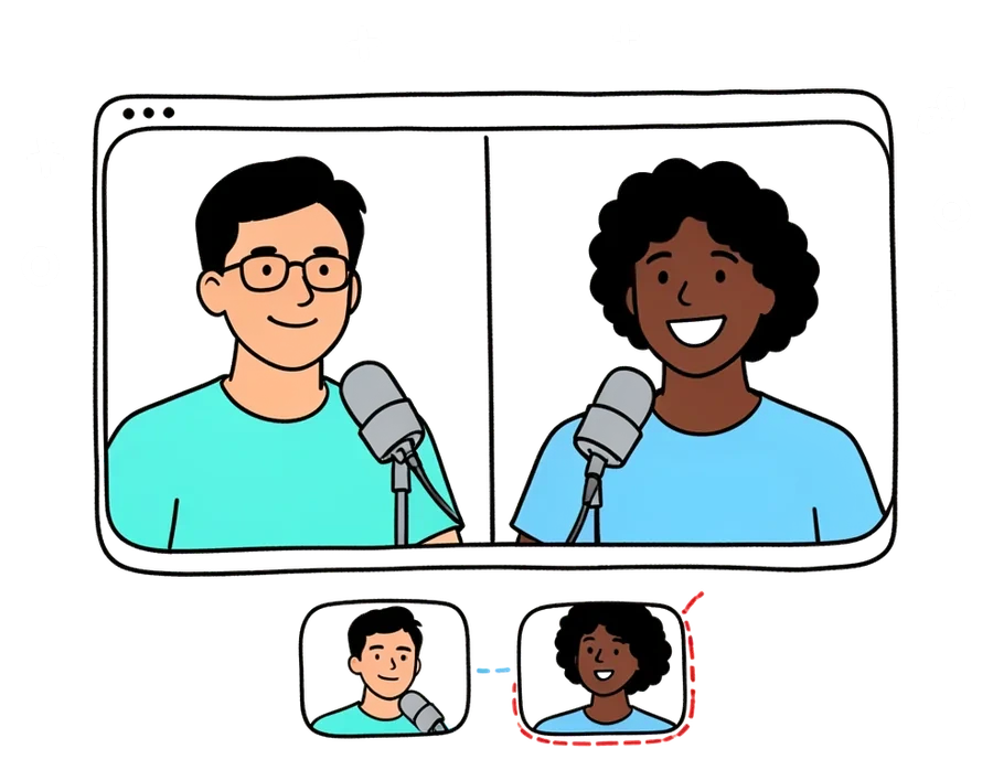 Drawing of two podcast hosts in a split-screen video, with short clips cut from the episode below