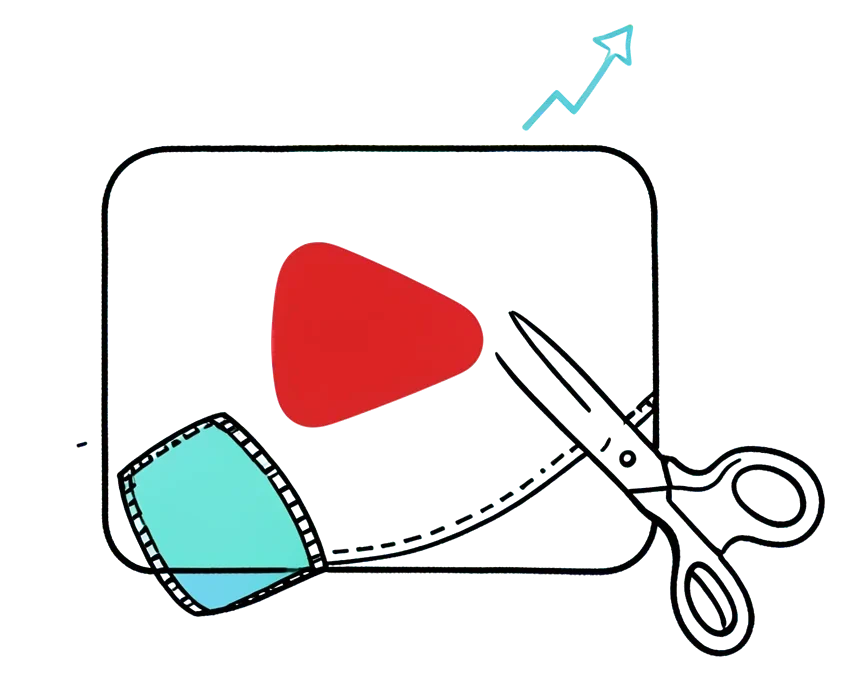 Drawing of a video with a red play button and scissors cutting a film strip