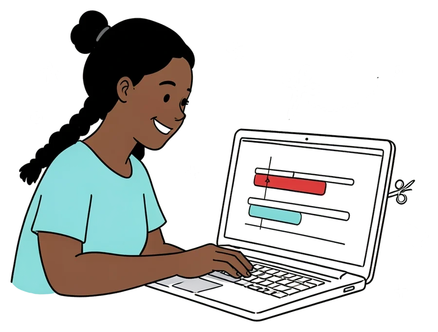 Drawing of a video editor at a laptop with an editing timeline on screen