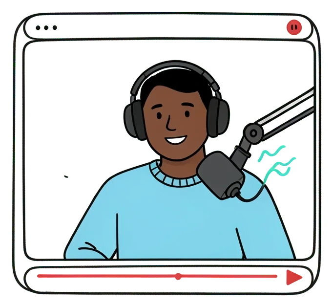 Drawing of a podcaster in headphones speaking into a microphone, inside a video player frame
